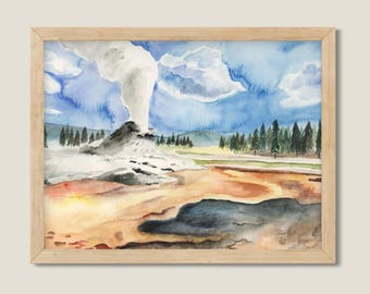 Aquarelle originale du parc national de Yellowstone. Peinture de paysage. Vieux fidèles. Décor naturel.