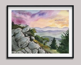 Impression artistique aquarelle Blue Ridge Parkway Sunrise