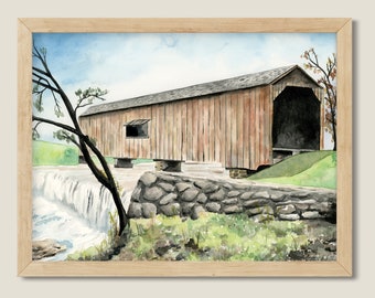 Original Watercolor Painting Watson Mill Bridge State Park. Georgia Art. Waterfall Landscape.