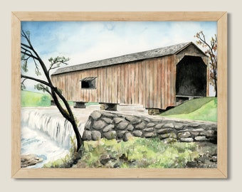 Aquarelle originale Parc d'état de Watson Mill Bridge. Géorgie Art. Paysage de cascade.