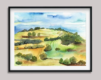 Impression d'art Catalogne, Espagne. Peinture de paysage. Aquarelle européenne. Nature Art.