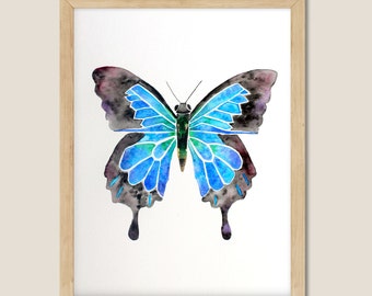 Original Watercolor Blue and Black Papilio Ulysses Butterfly. Nature Painting. Pretty Bug Art. Kids Playroom and Nursery Decor.