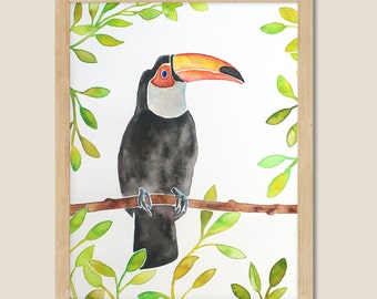 Original Watercolor Tropical Bird with Leaves. Animal Watercolor. Toucan Painting. Kids Playroom and Nursery Decor.