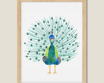 Original Watercolor Peacock. Animal Watercolor. Kids Playroom and Nursery Decor.