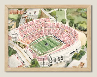 Original Watercolor Painting Sanford Stadium. University of Georgia Bulldogs Football. Sports Decor.