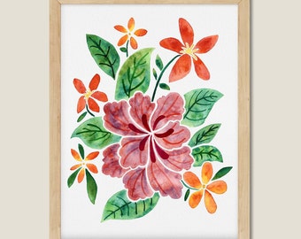 Original Watercolor Tropical Hibiscus Flowers. Nature Painting. Hawaiian Artwork. Beach Art.