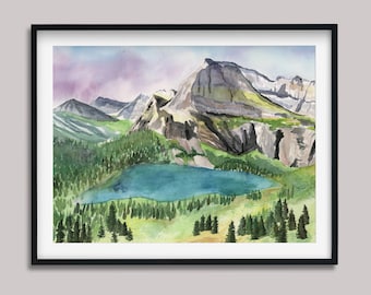 Impression d'art du parc national des Glaciers.  Oeuvre d'art de paysage. Impression aquarelle. Décoration d'intérieur montagne.