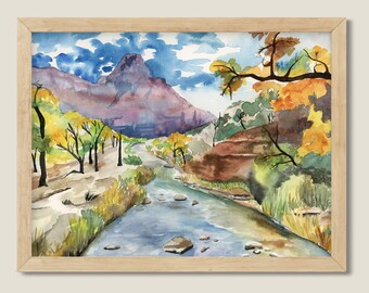 Aquarelle originale du parc national de Zion. Peinture de paysage. Montagnes. Décor naturel.