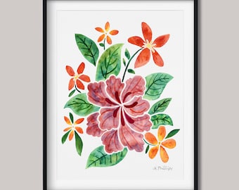 Impression d'art aquarelle fleurs tropicales - Hibiscus et plumeria