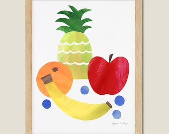 Original Painted Paper Collage of Fruit. Pineapple, Apple, Banana, Orange, Blueberry. Kitchen Decor.