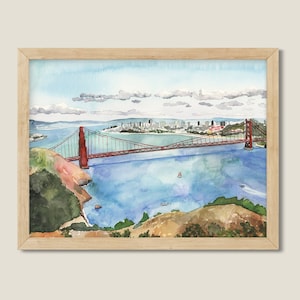 Original Watercolor San Francisco Bay, Golden Gate Bridge, California. Seascape Painting. Nautical Decor.