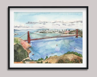 Golden Gate Bridge Watercolor Art Print, San Francisco Bay Artwork
