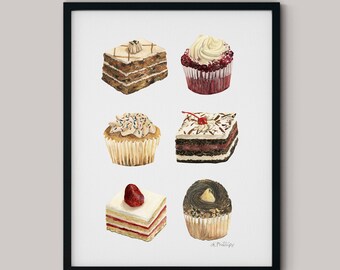 Impression d'art de gâteaux et cupcakes à l'aquarelle, décoration de boulangerie