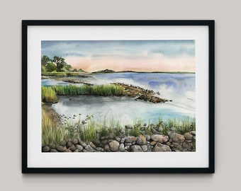 Impression d'art du marais de Jekyll Island : aquarelle paysage marin de Géorgie