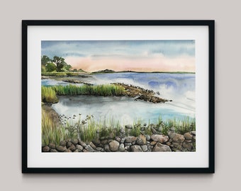 Jekyll Island Marsh Art Print.  Georgia Beach Artwork. Watercolor Print. Seascape Art.