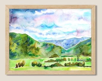 Original Watercolor Shenandoah Valley, Virginia. Landscape Painting. Mountains. Farmhouse Decor.