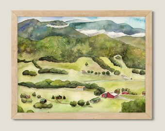 Aquarelle originale des Great Smoky Mountains. Peinture de paysage. Montagnes. Décor naturel.