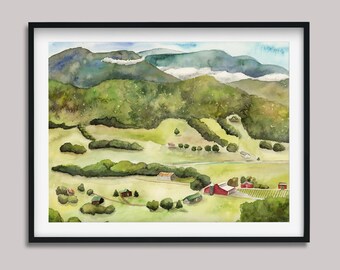 Impression d'art aquarelle Smoky Mountains : Tennessee Valley Barns