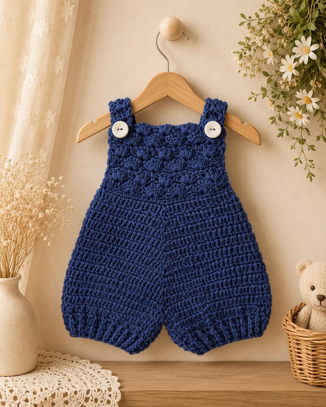 Handmade Crocheted Baby Boy Romper, Blue Cotton with White Buttons, Newborn