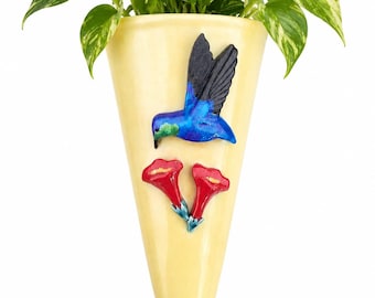 Ceramic Hummingbird Wall Pocket Vase - Handcrafted Red Floral Hanging Planter