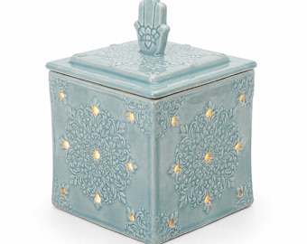 Blue Ceramic Lantern - Handmade Spiritual Home Decor with Hamsa Hand on Lid