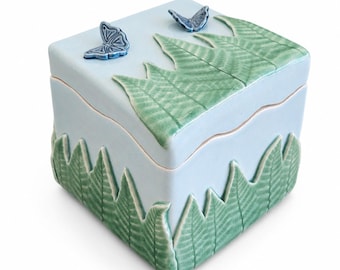 Handcrafted Butterfly Stoneware Keepsake Box – Fern Garden Ceramic Trinket Container, Artisan Gift