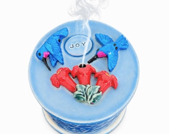 Blue Ceramic Hummingbird Incense Holder - Handmade Pottery Burner for Home Decor