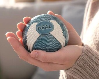Ceramic Angel Wing Meditation Rattle | Handcrafted Shaman Sound Healing Tool with "Heal" Inlay