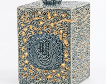Hamsa Hand Ceramic Luminary Lantern, Handmade Stoneware Light Box with Lotus Lid, Pierced Zen Candle Holder, Blue Gray Spiritual Decor