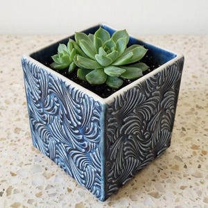 4 Inch Blue and White Stoneware Planter, Handmade Succulent Pot with Scroll Design