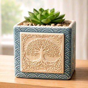 Tree of Life Planter - Handmade Square Unique Stoneware Pot for Succulents and Home Decor