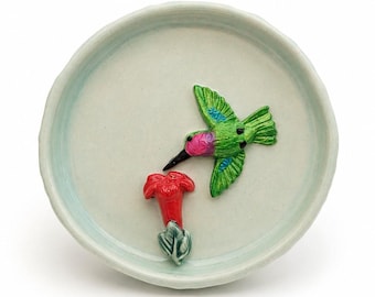 Ceramic Hummingbird Trinket Dish, Pale Blue Ring Holder, Handmade Nature Lover Jewelry Gift