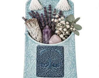 Tree of Life Ceramic Wall Pocket, Handmade Blue Botanical Wall Decor
