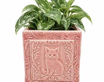 Pink Ceramic Cat Planter, Handmade Pottery Container, Ornate Cat Gift