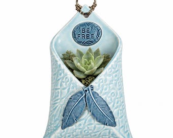 Ceramic Wall Pocket Vase, Blue Feather Wall Hanging, Be Free Inspirational Decor