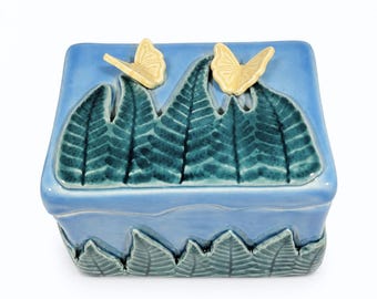 Blue Ceramic Ferns and Butterflies Keepsake Box, Handmade Small Treasure Chest