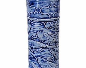 Handmade Koi Fish Vase, Blue Ceramic Zen Decor, Spiritual Meditation Altar Art, Japanese Inspired Pottery