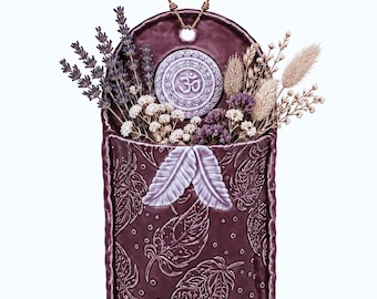 Handmade Stoneware Wall Pocket Vase, Plum Purple Glaze with Feather & OM Design