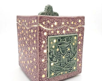 Handmade Ceramic Frog Luminary, Stoneware Candle Holder Box, Boho Zen Meditation Decor, Lidded Potpourri Box Gift