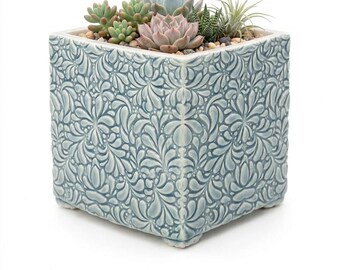 Handcrafted Stoneware Multi-Use Container: Planter, Candle & Potpourri Holder - Blue Gray Embossed Decorative Box