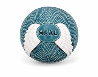 Ceramic Angel Wing Meditation Rattle | Handcrafted Shaman Sound Healing Tool with "Heal" Inlay