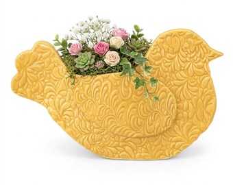 Yellow Bird Vase, Handmade Stoneware With Embossed Floral Pattern