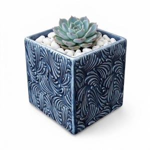 Stoneware Planter, 4 Inch Blue and White Handmade Succulent Pot with Scroll Design