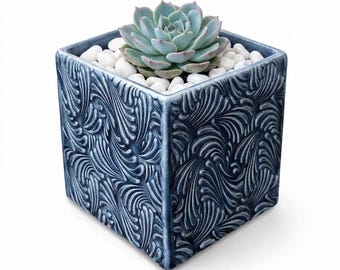 Stoneware Planter, 4 Inch Blue and White Handmade Succulent Pot with Scroll Design