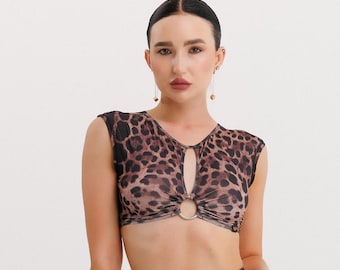 Leopard Print Halter Crop Top Bralette With Metal Ring, Festival Dance Costume