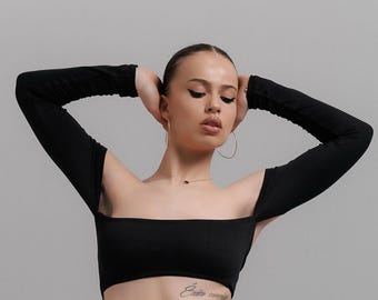 Black Rave Crop Top, Long Sleeve, Strapless Bralette, Festival Outfit