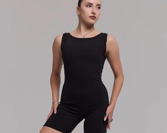 Black Open Back Dance Romper, Pole Yoga Jumpsuit, Streetwear Bodysuit