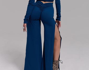 Blue Biflex Wide Leg Pants, High Slit Dancewear, Ruched Back Trousers