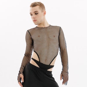 Black Mens Sheer Mesh Bodysuit, Fishnet Bodysuit, Thong Bodysuit, Transparent Bodysuit for Man, Men Exotic Dancewear, Male Stripper Outfit