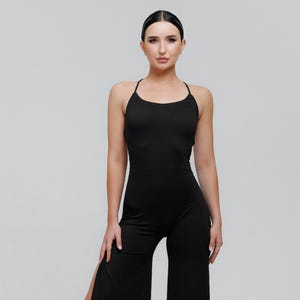 Svart danskattdräkt, öppen rygg, ärmlös stretchjumpsuit för rave eller dans, anpassad poledance-kostym, festivaldancekläder, rave-outfit